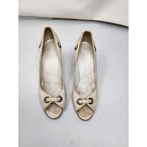 Vintage Christian Dior Peep Toe Pumps Ivory Leather Bow Women 6.5 Made in Italy